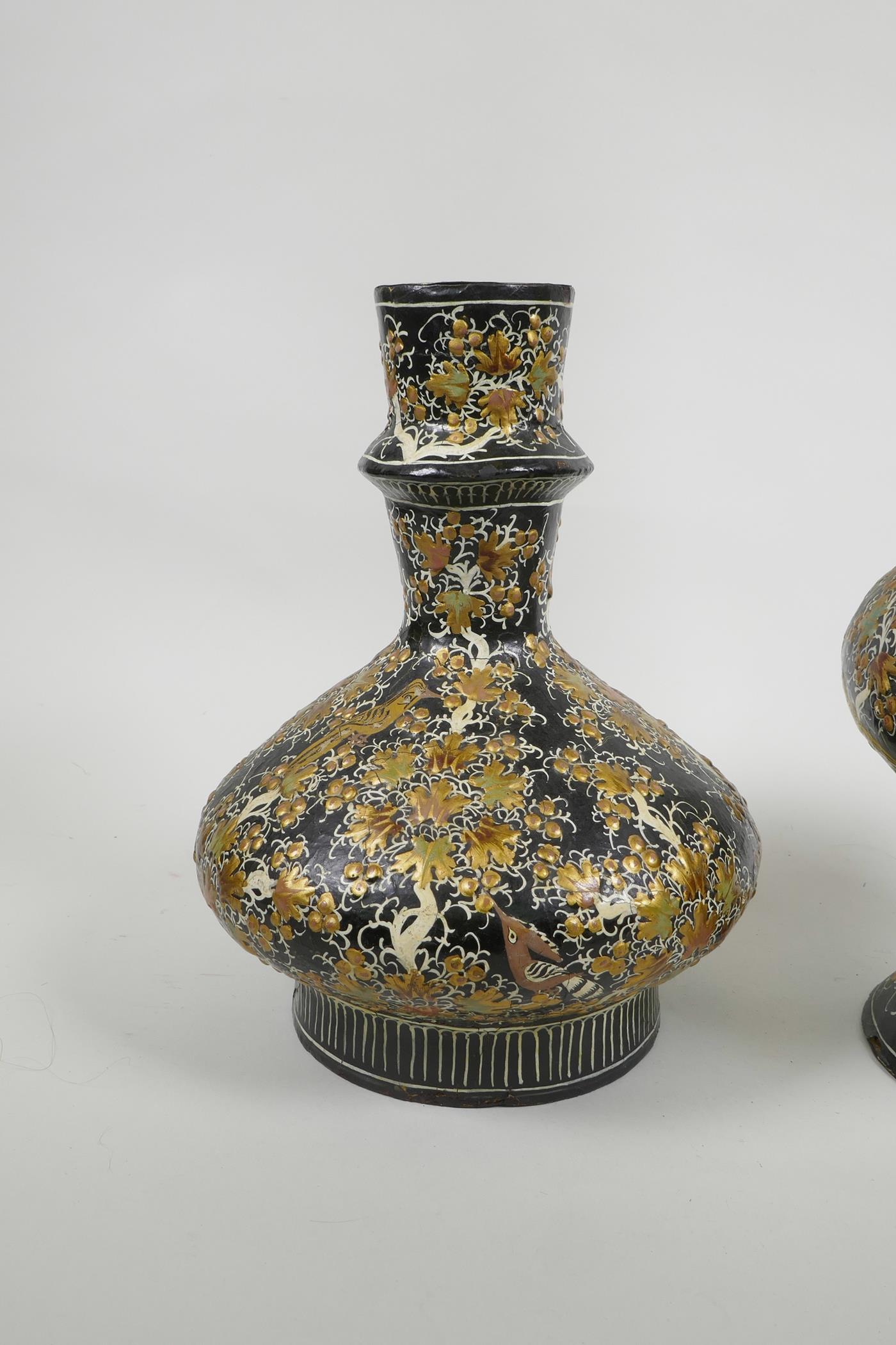 A Kashmiri papier mâché and brass hookah base, and another similar, decorated with birds amongst - Image 4 of 8