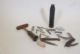 A C19th Thomason type corkscrew, a three draw pocket telescope, and a collection of penknives