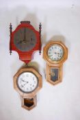 Three Victorian and early C20th drop dial wall clocks, one Ajit in pine, fair condition; two