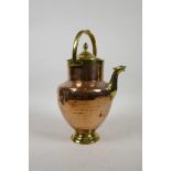 An early copper and brass tea urn, 10" high