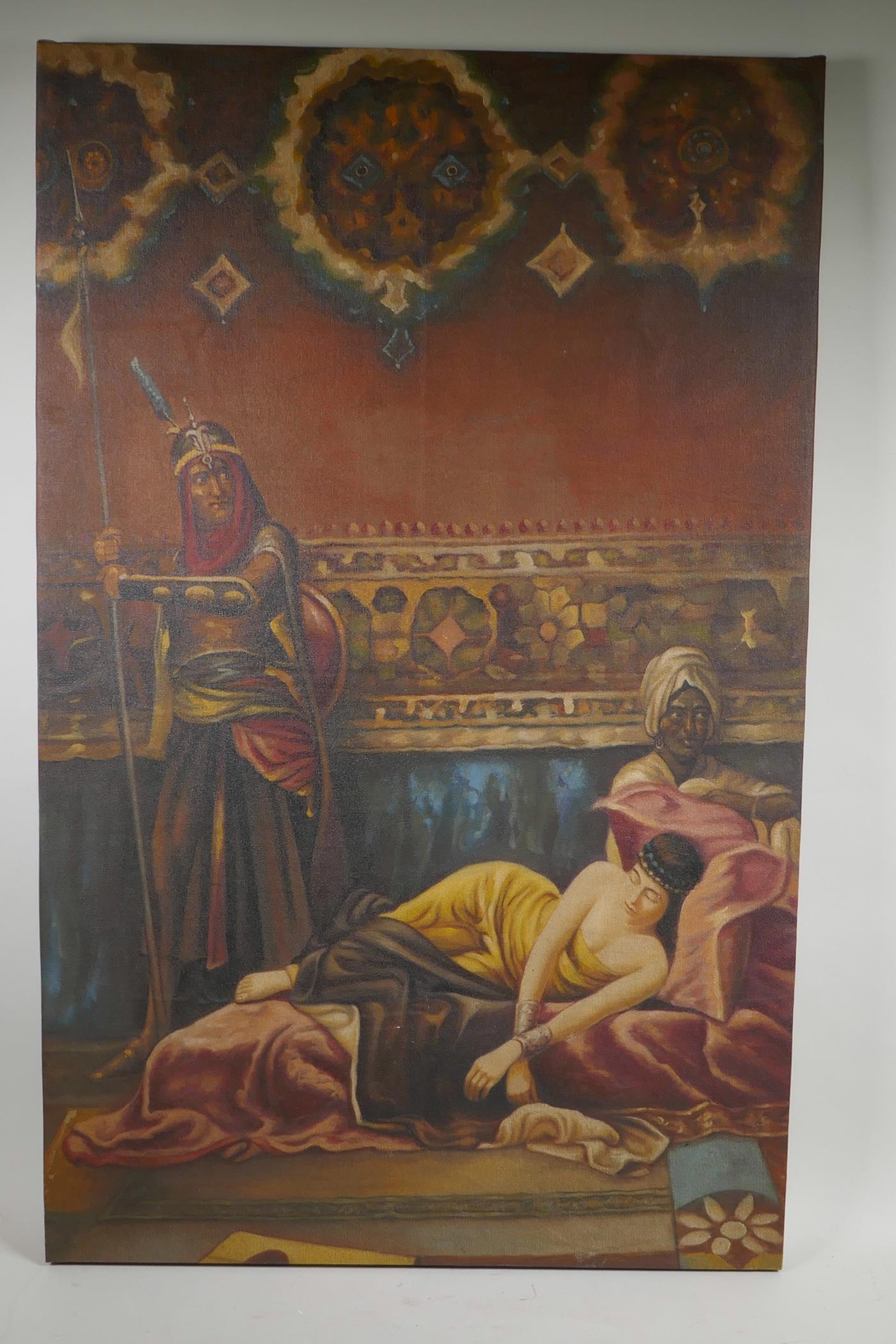 A hand finished print on canvas of an Ottoman harem scene, 22" x 35½" - Image 2 of 3