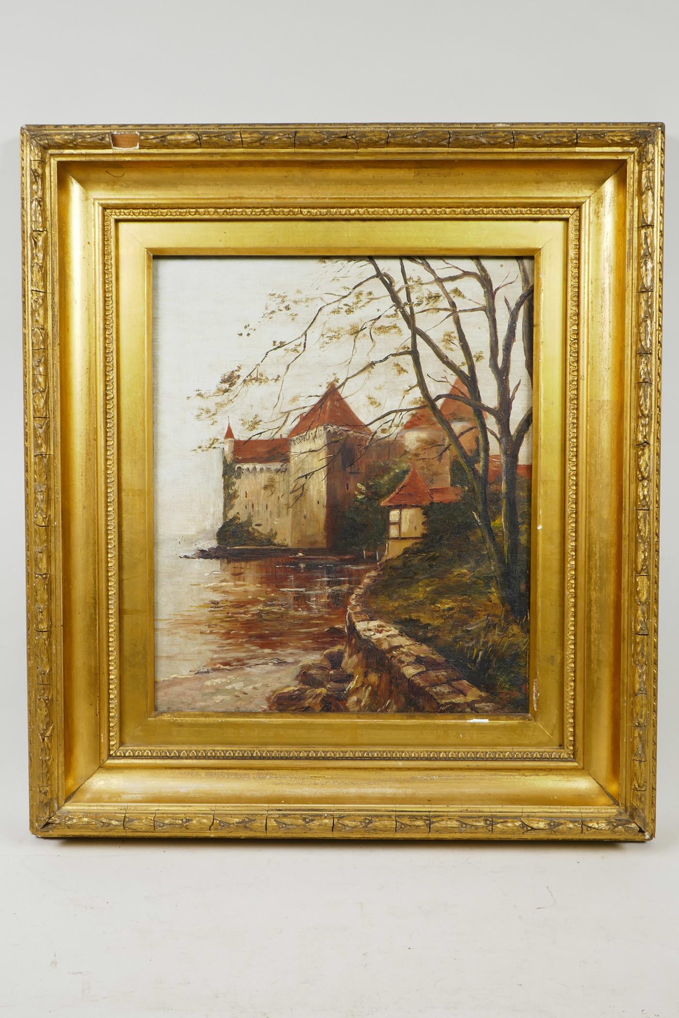 E.M.C. (British, late C19th), 'A Flemish Castle', monogrammed lower right recto, oil on canvas, - Image 2 of 5