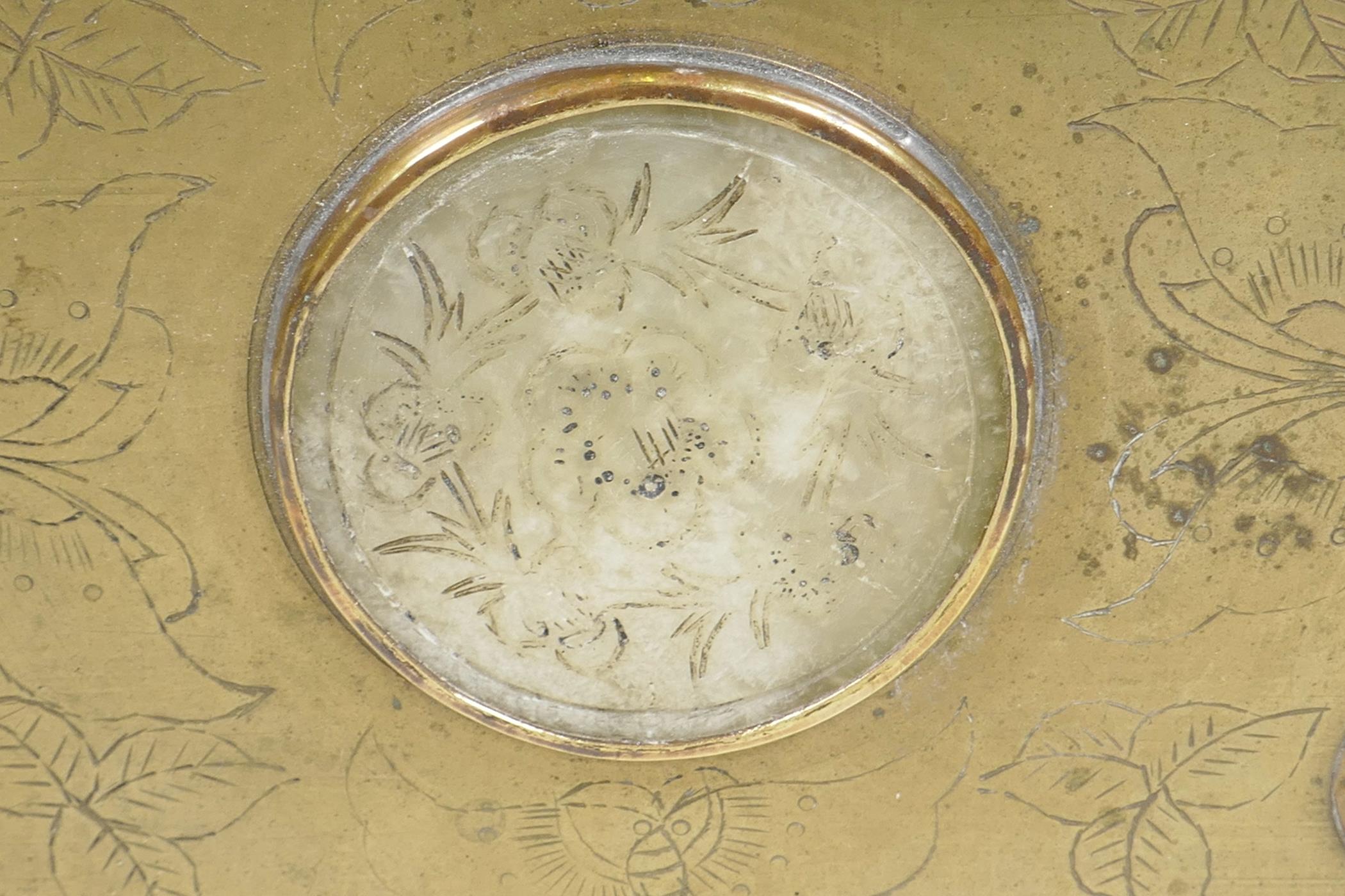 A Chinese brass cased table cigarette box engraved with bats and dragons, and having applied symbols - Image 4 of 5