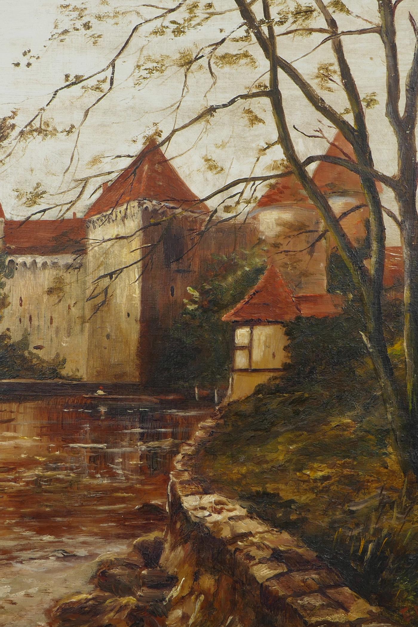 E.M.C. (British, late C19th), 'A Flemish Castle', monogrammed lower right recto, oil on canvas,