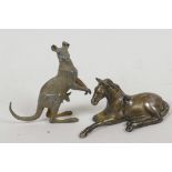 A small cast metal figurine of a kangaroo and joey, 3" high, together with a cast metal figure of