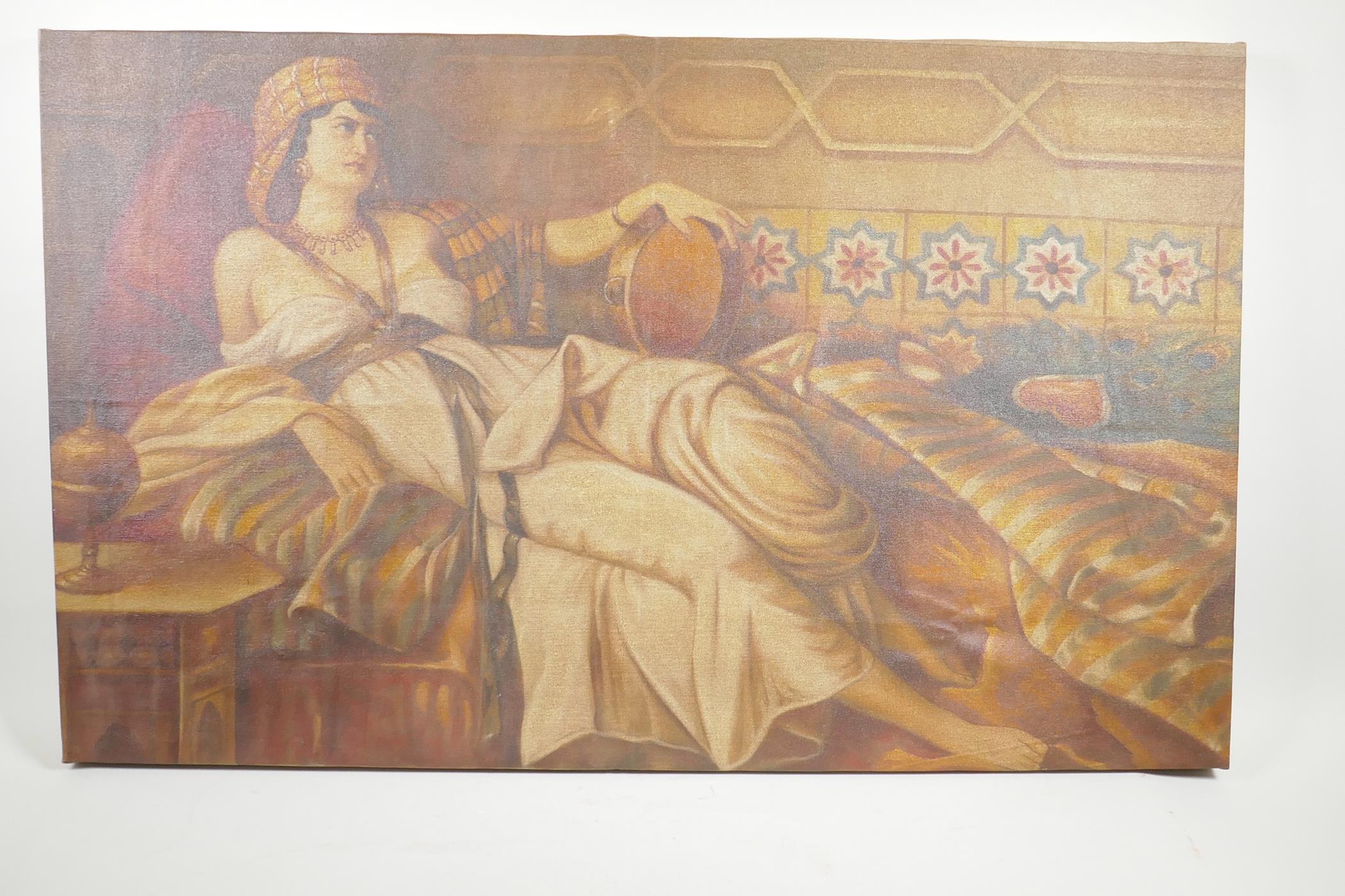 A hand finished print on canvas of an Odalisque with a tambourine reclining on a bed, 35½" x 22" - Image 2 of 3