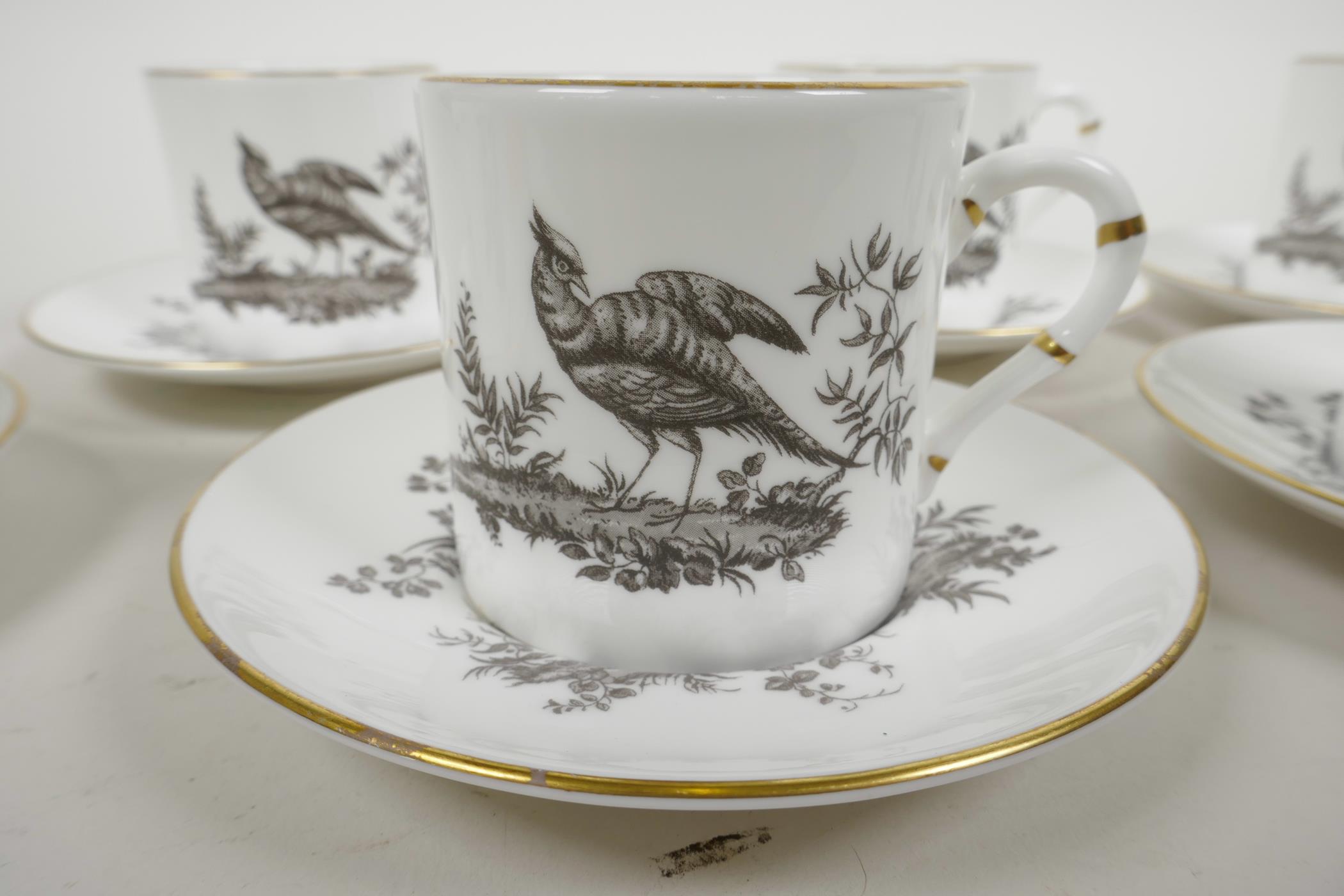 A Royal Worcester porcelain coffee service comprising six cups and saucers with monochrome - Image 2 of 4