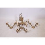 A brass five branch chandelier and three matching two branch wall lights, 18" diameter