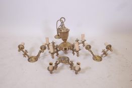 A brass five branch chandelier and three matching two branch wall lights, 18" diameter