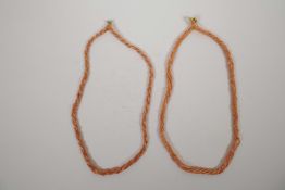 Two coral multi-strand bead necklaces, 21" long