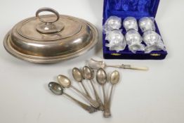 A silver plated oval entree dish by Mappin & Webb, 11" x 8", together with a set of six Mappin &