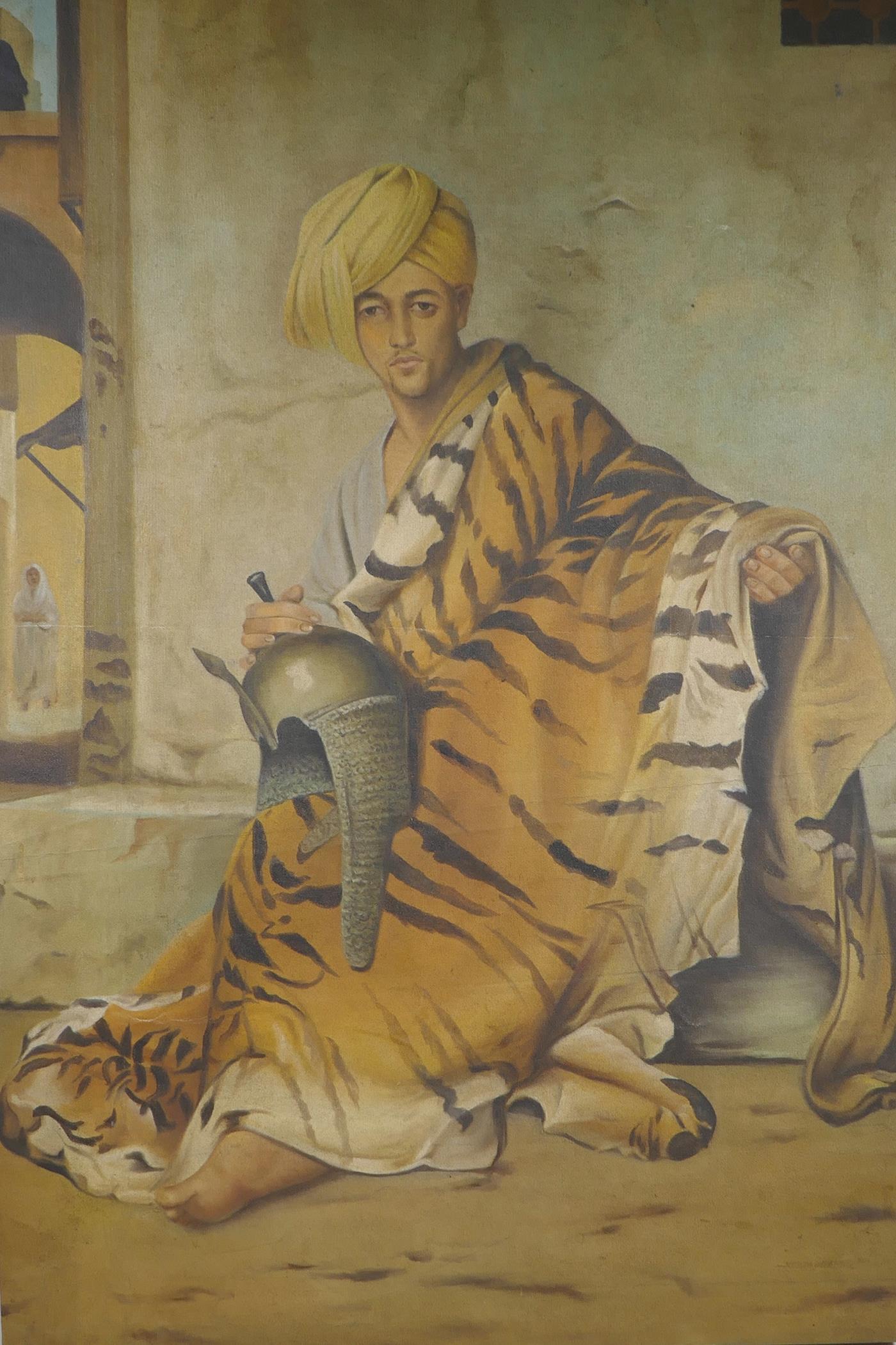 A hand finished print on canvas of an Ottoman with a tiger skin, 21½" x 34½"