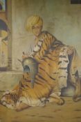 A hand finished print on canvas of an Ottoman with a tiger skin, 21½" x 34½"
