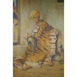 A hand finished print on canvas of an Ottoman with a tiger skin, 21½" x 34½"