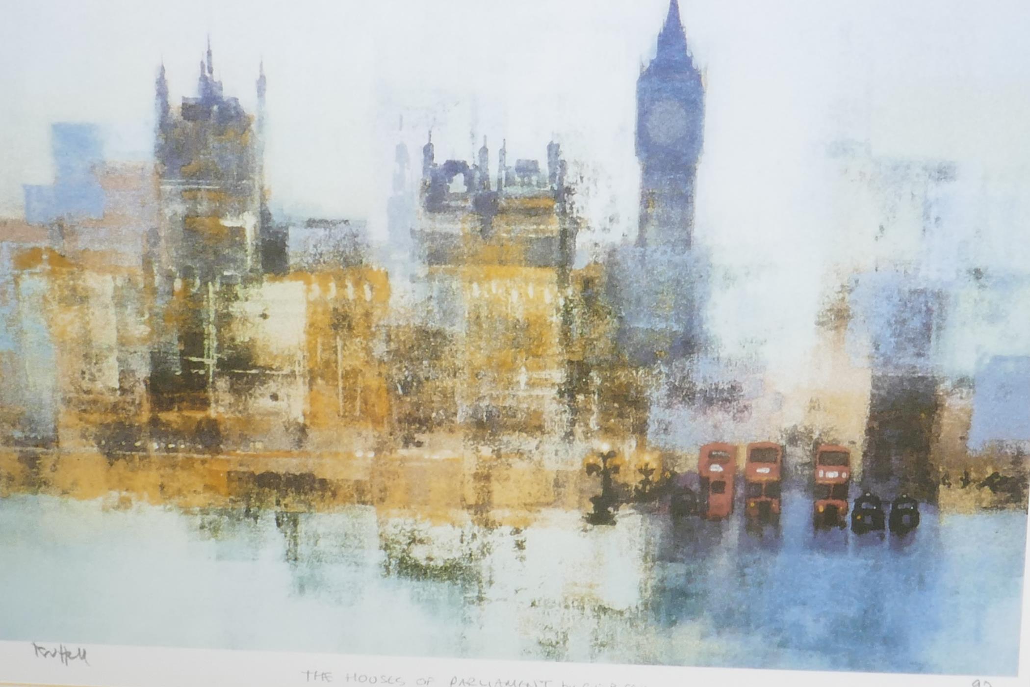 A pair of coloured engravings, 'Tower Bridge' and 'The Houses of Parliament' by Colin Ruffell, 14" x - Image 2 of 3