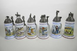 A set of six German porcelain Imperial military regimental commemorative tankards detailing