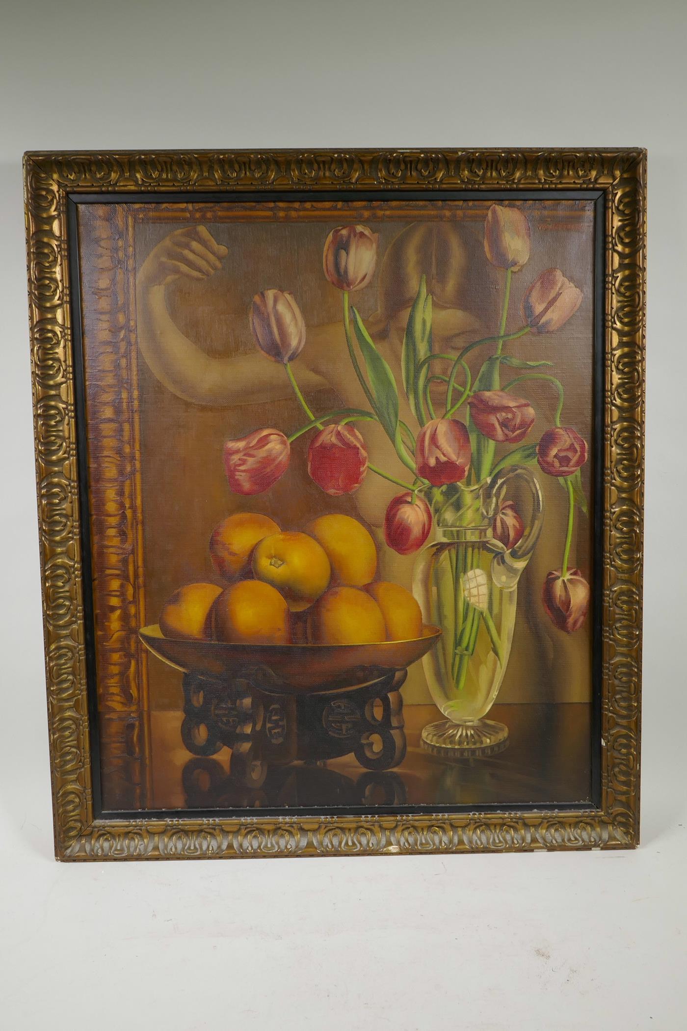 W.A. Jefferies, 1931, still life of flowers, fruit and a nude, oil on canvas, 20" x 24" - Image 2 of 5