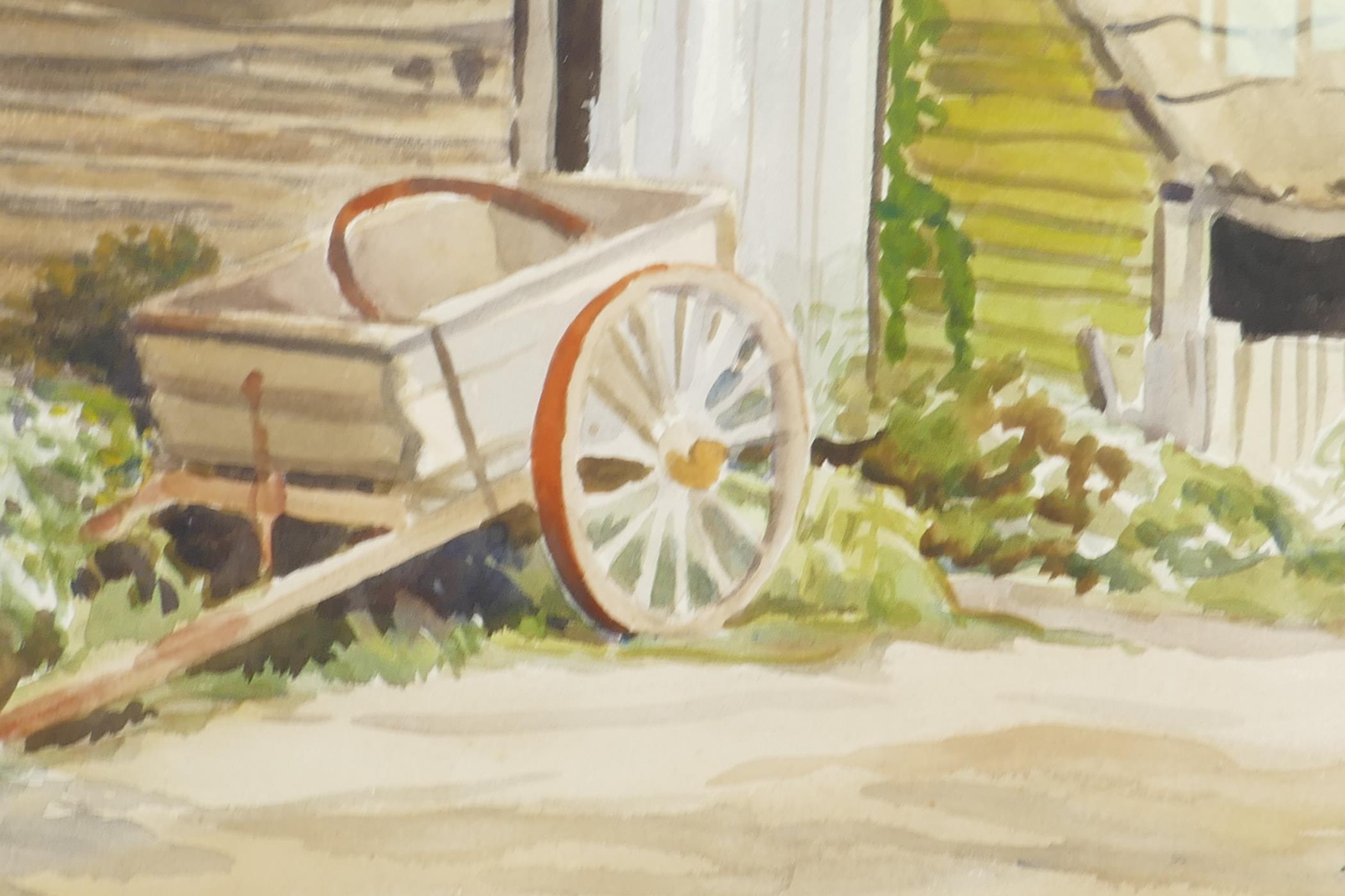 V. Denham, farmyard scene with box trailer in foreground, signed, watercolour, 15" x 10½" - Image 3 of 4