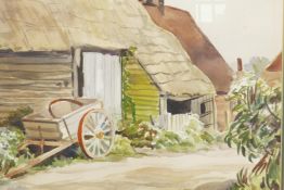 V. Denham, farmyard scene with box trailer in foreground, signed, watercolour, 15" x 10½"