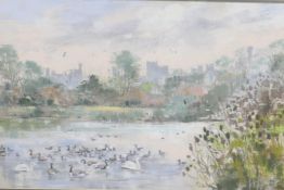 Susan Dakakin, Arundel wildfowl sanctuary, pastel landscape of ducks on a pond, 19½" x 12"