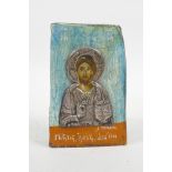 A hand painted Orthodox icon with a white metal mount, 3½" x 5½"