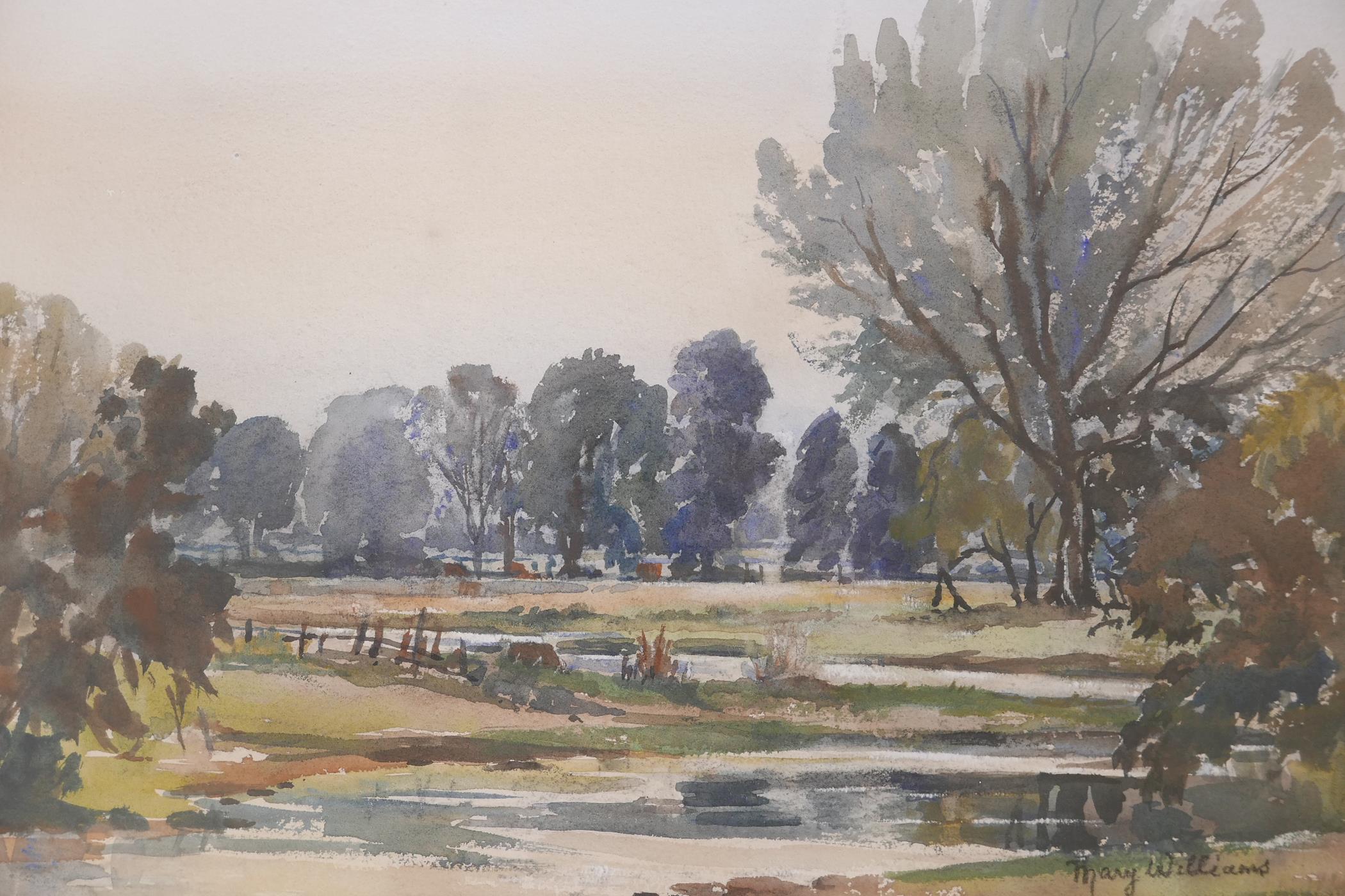 Mary Williams, a pair of landscapes with water meadows, both signed, watercolours, 14" x 10"