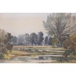 Mary Williams, a pair of landscapes with water meadows, both signed, watercolours, 14" x 10"