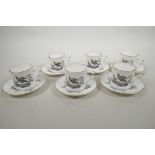 A Royal Worcester porcelain coffee service comprising six cups and saucers with monochrome