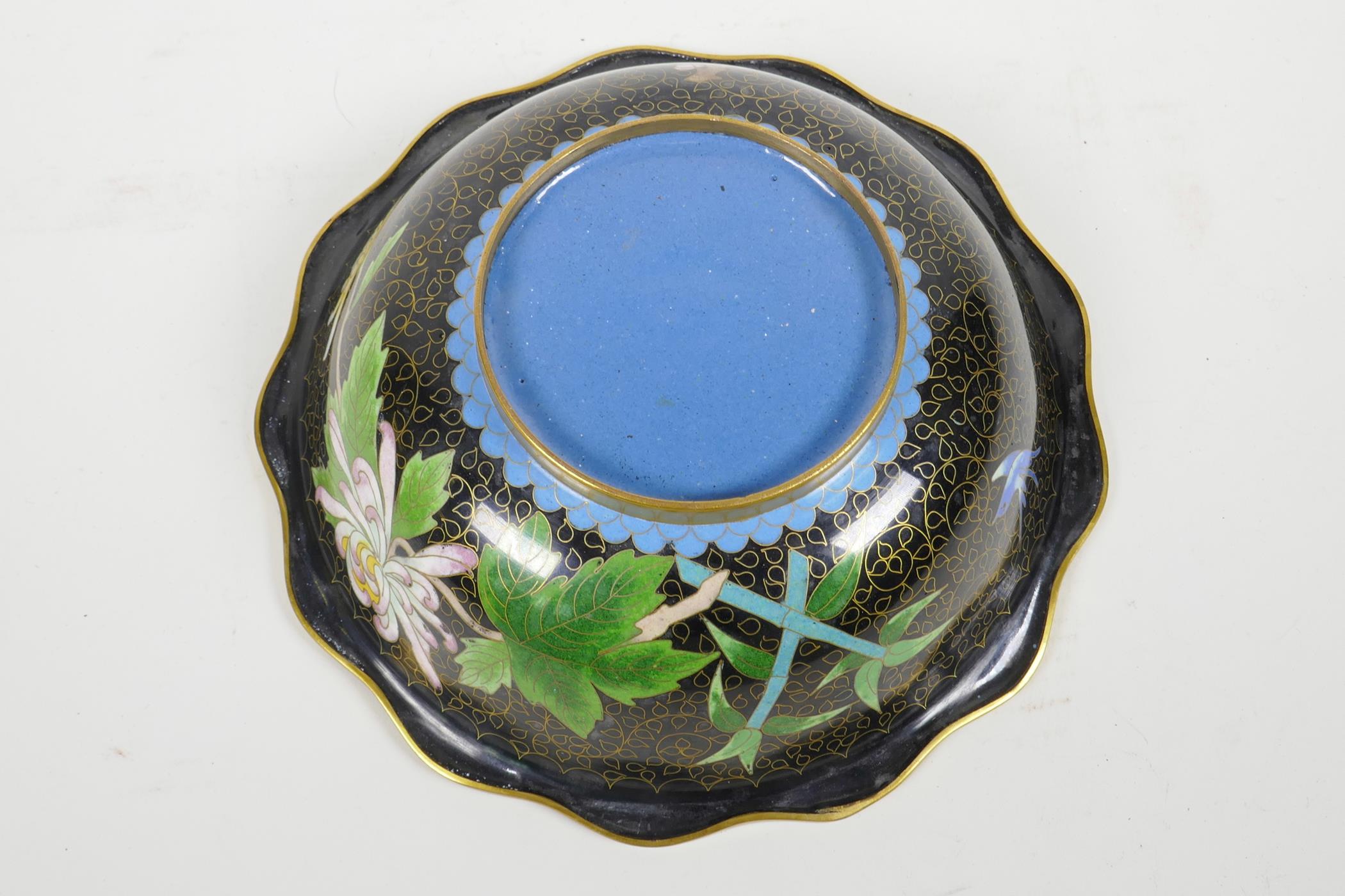 A Chinese black ground cloisonne bowl with frilled rim and chrysanthemum decoration, 8½" diameter - Image 3 of 3