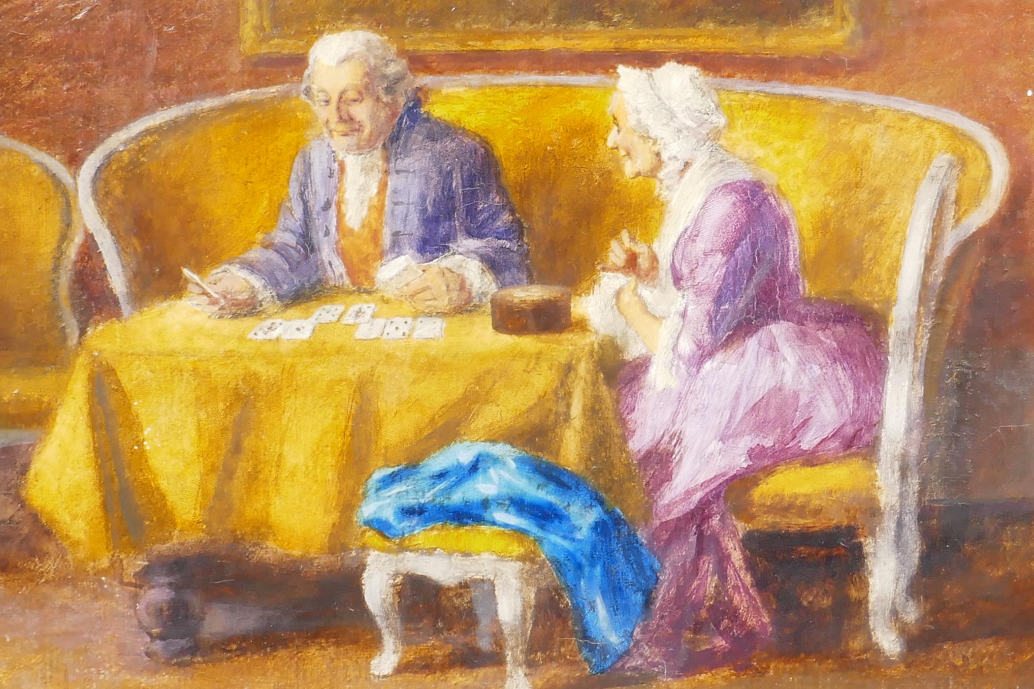 Interior scene with couple seated at a table beneath a landscape painting with cattle, the gentleman - Image 3 of 4