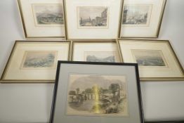 A collection of hand coloured C19th engravings, mainly Continental town and village scenes (7)