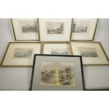 A collection of hand coloured C19th engravings, mainly Continental town and village scenes (7)