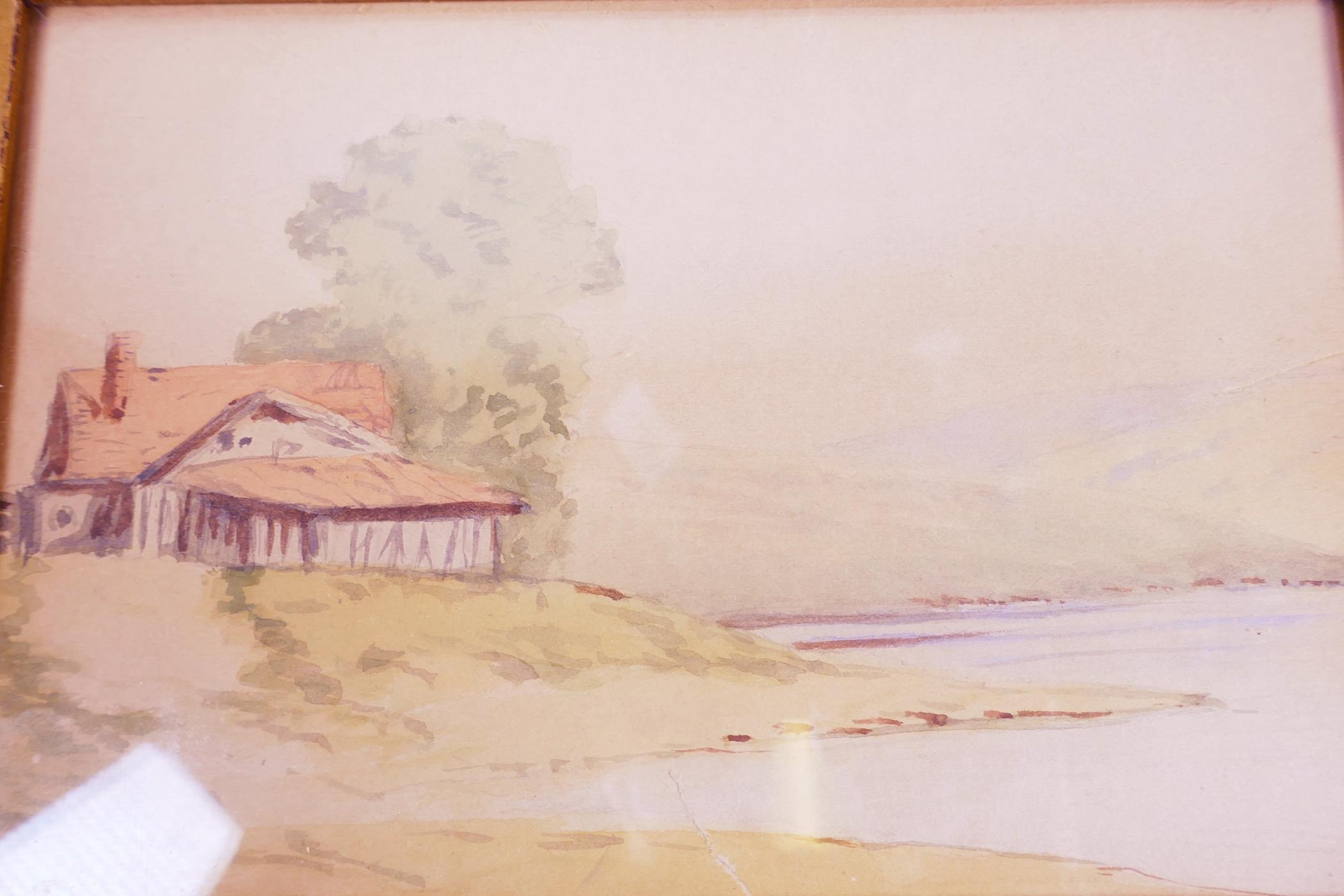 Coastal inlet with building on bank, 8" x 5½", together with a small watercolour of a street scene - Image 2 of 6