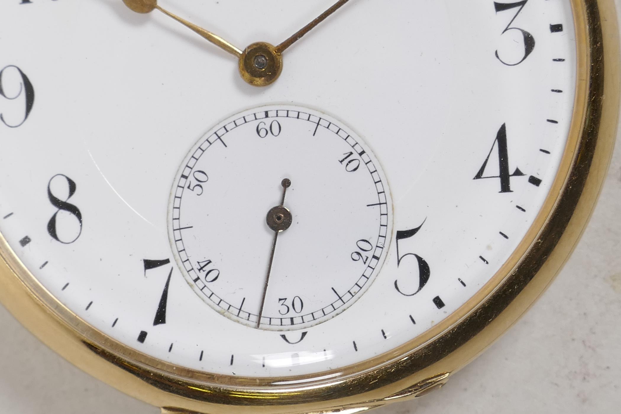 An International Watch Company 14ct gold cased open face pocket watch having white enamel face - Image 3 of 6