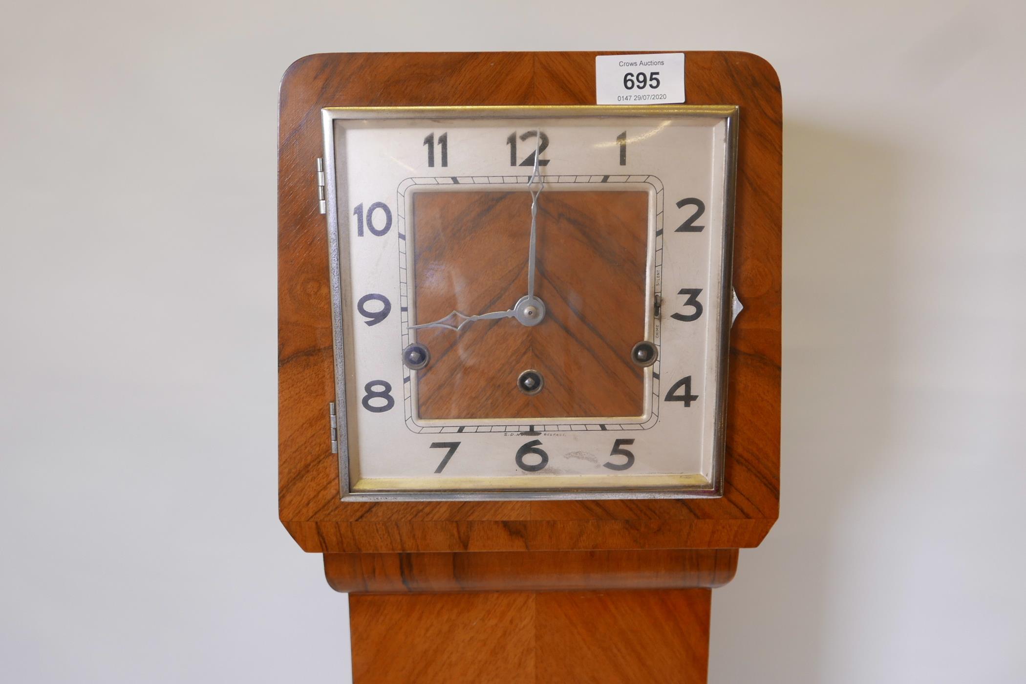 An Art Deco grandmother clock, marked S.D. Neill Belfast, in walnut with square dial and domed - Image 2 of 3