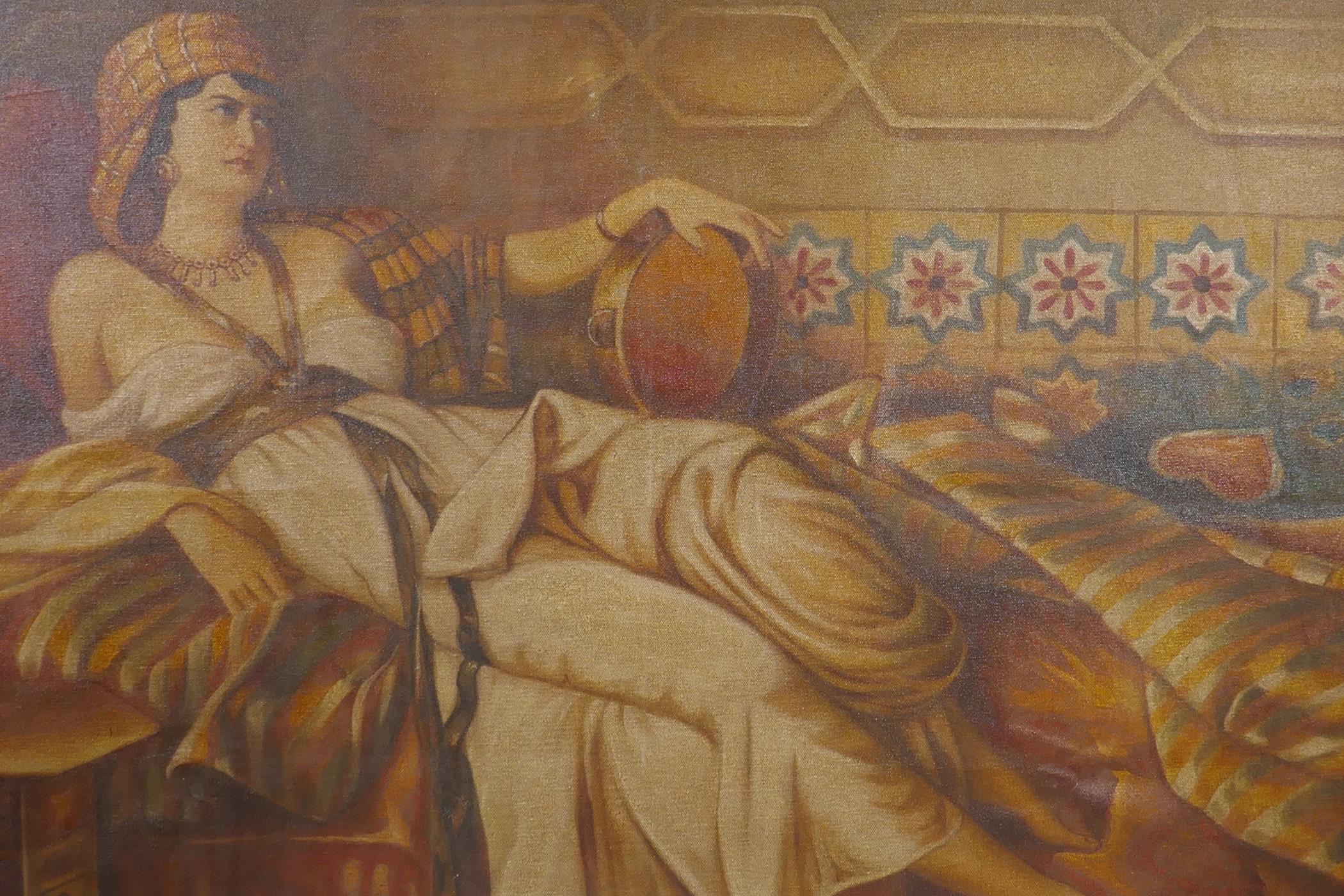 A hand finished print on canvas of an Odalisque with a tambourine reclining on a bed, 35½" x 22"