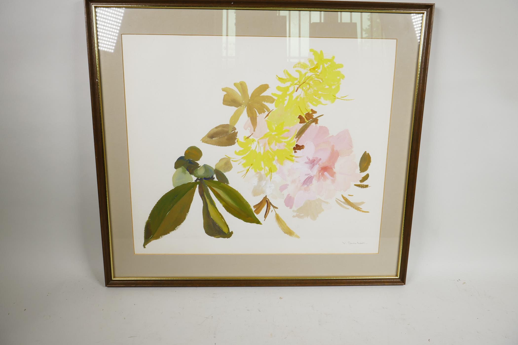 V. Denham, still life of flowers painted in the Chinese manner, signed, 16" x 13", titled verso ' - Image 3 of 5