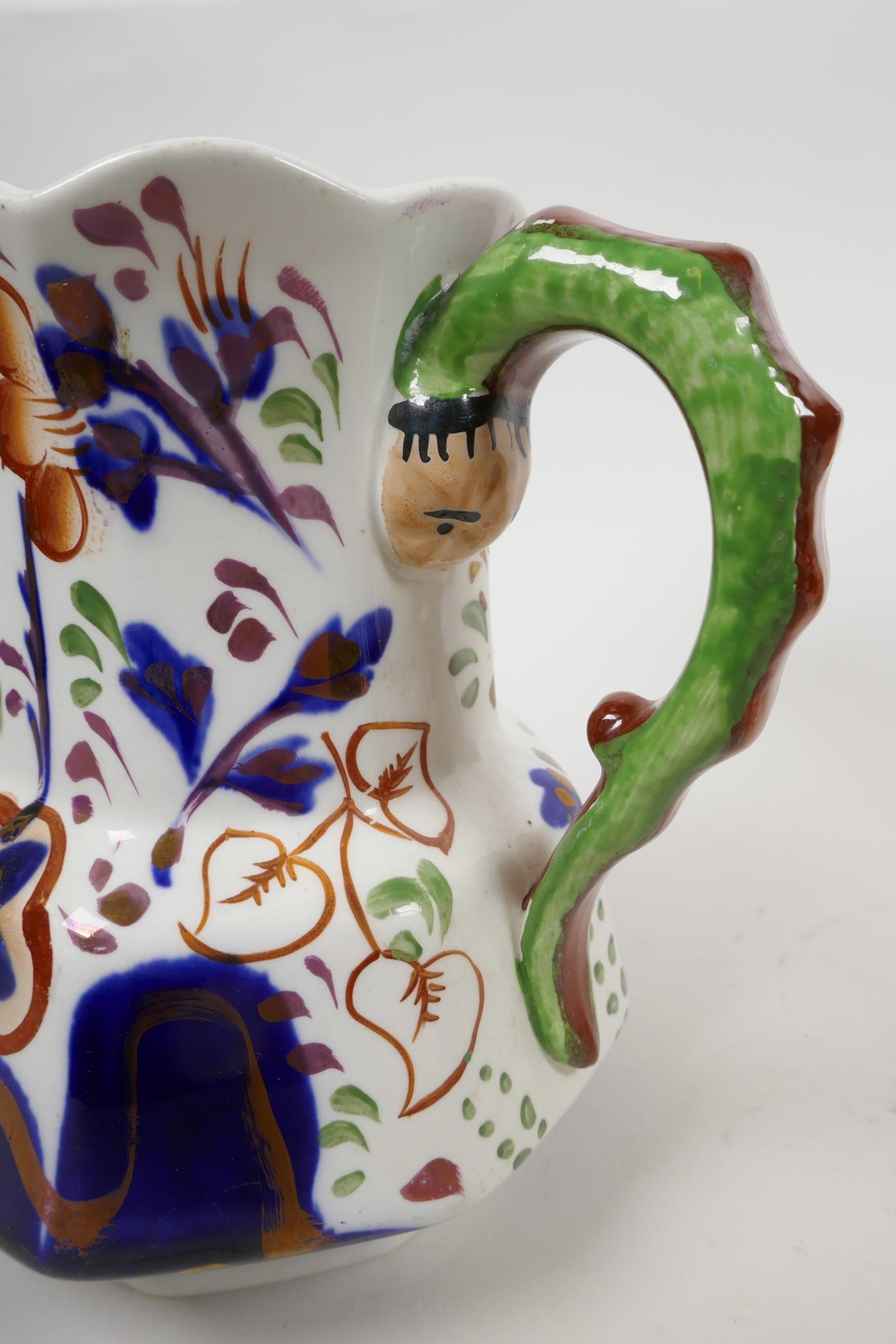 An 1830s Allerton Gaudy Welsh caterpillar handle lustre pitcher, with hand painted flowers and - Image 3 of 8