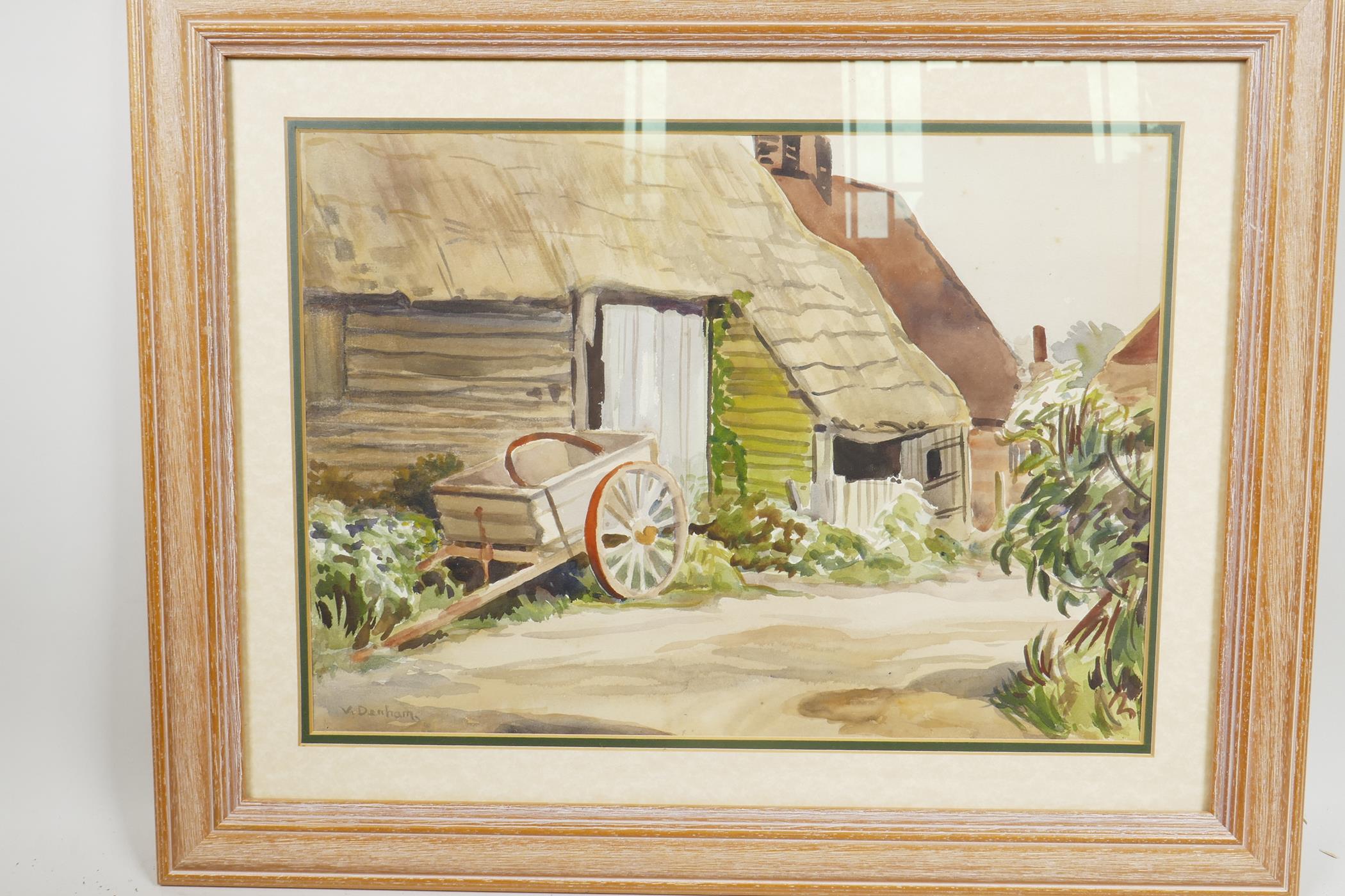 V. Denham, farmyard scene with box trailer in foreground, signed, watercolour, 15" x 10½" - Image 2 of 4