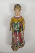 A Chinese carved and painted wood holder in the form of a votive figure, 16½" high, A/F