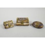 Three Indian sectional bone and brass bound trinket boxes of assorted shapes, largest 3½" x 2½"