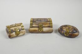 Three Indian sectional bone and brass bound trinket boxes of assorted shapes, largest 3½" x 2½"