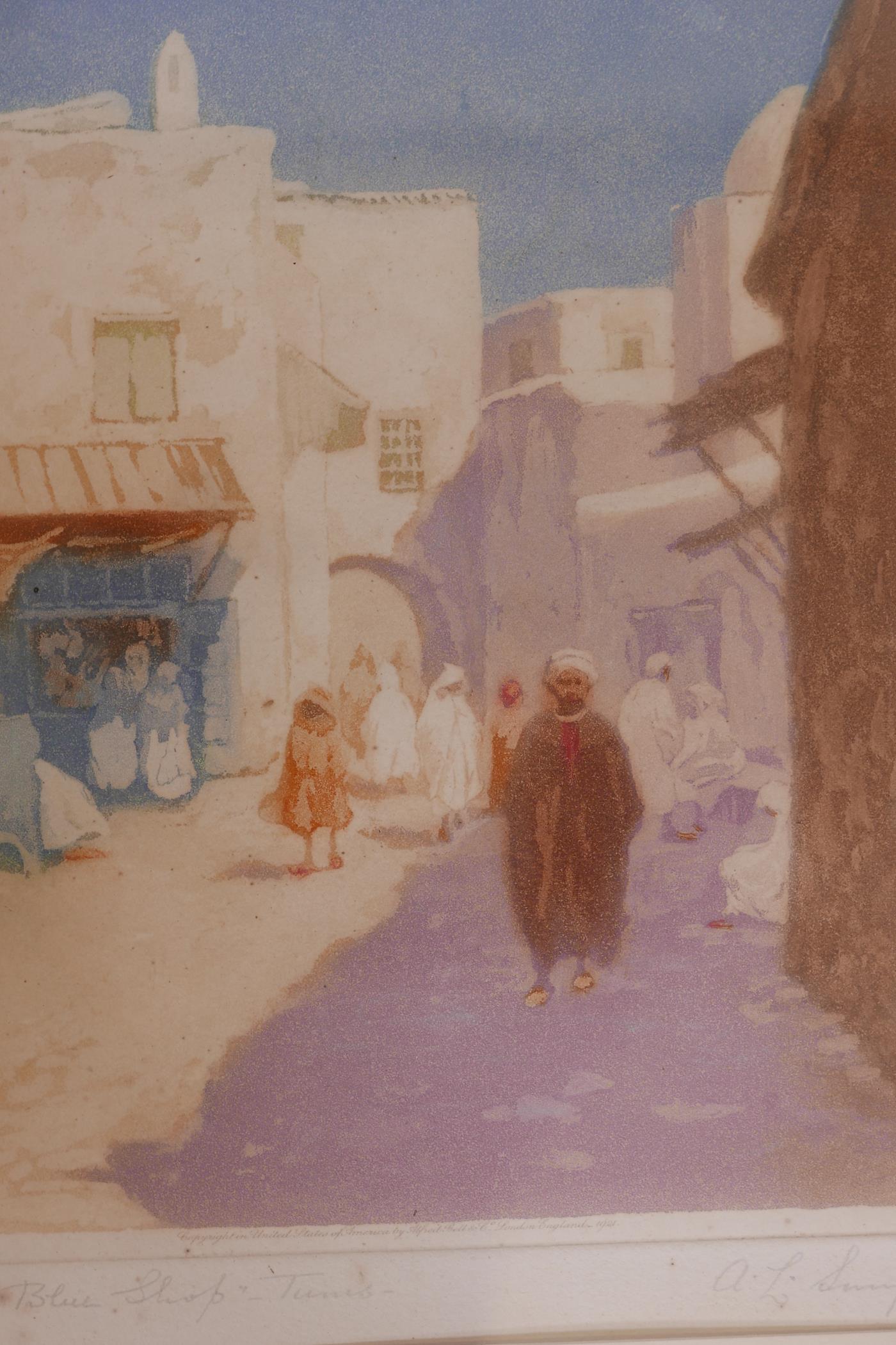 A.L. Simpson, a cafe in Carthage, a limited edition aquatint, 38/100, signed, and the pair, the Blue - Image 3 of 4