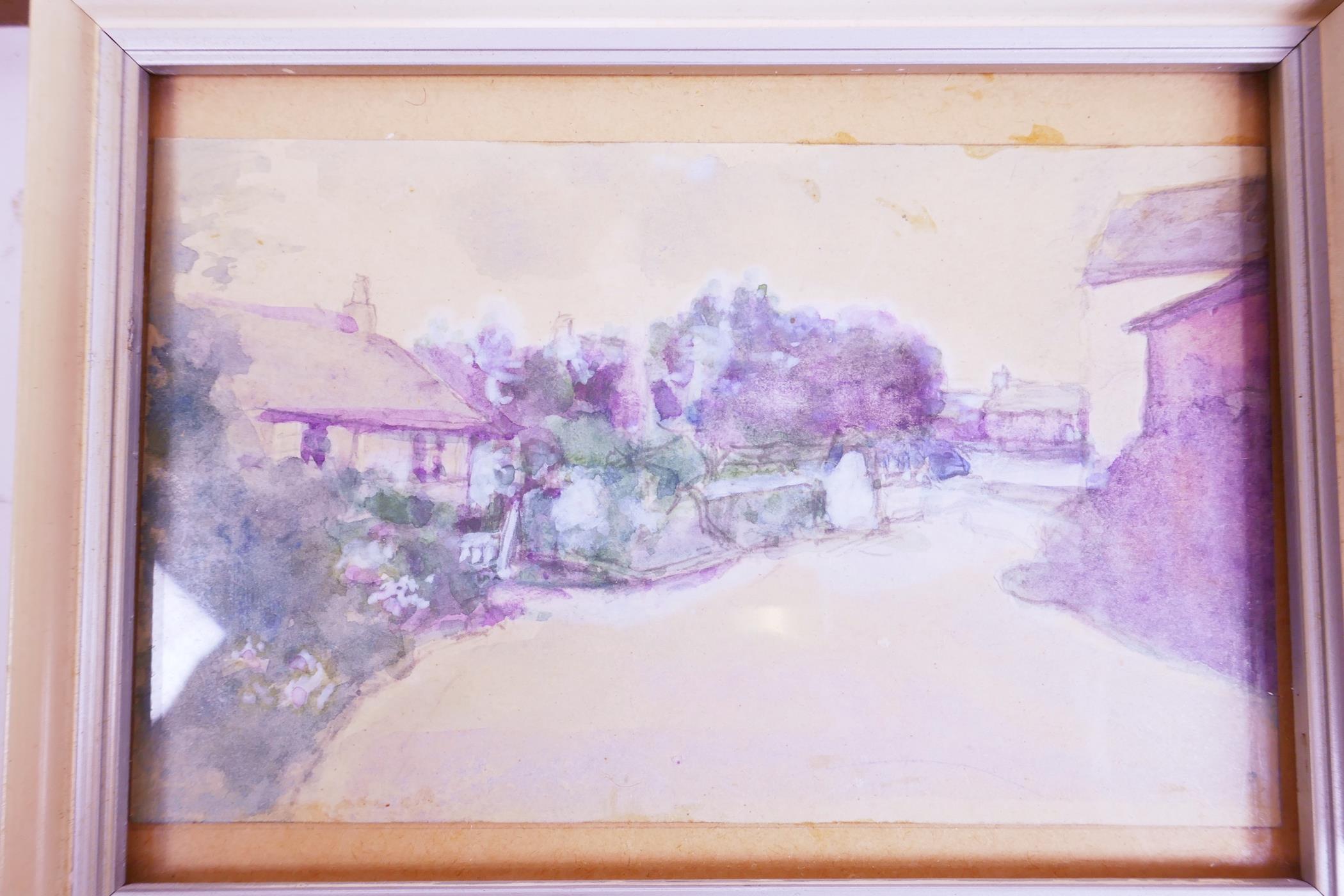 Coastal inlet with building on bank, 8" x 5½", together with a small watercolour of a street scene - Image 3 of 6