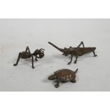 Two Japanese Jizai style insects and a similar tortoise, marks to base, largest 4½"