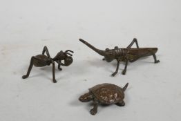 Two Japanese Jizai style insects and a similar tortoise, marks to base, largest 4½"