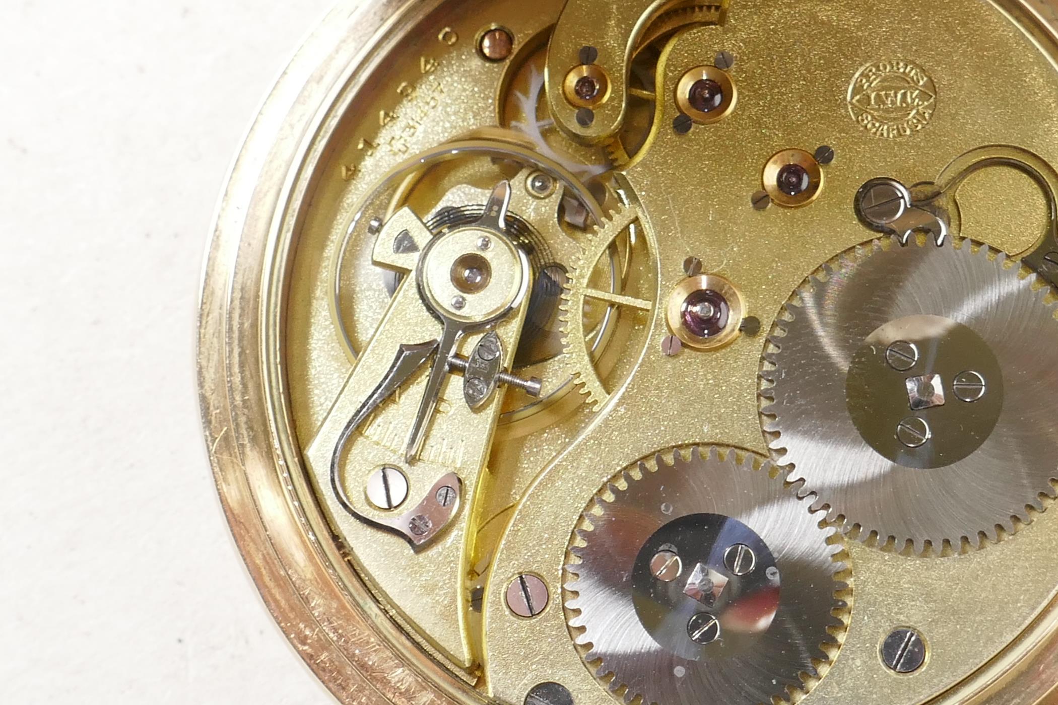 An International Watch Company 14ct gold cased open face pocket watch having white enamel face - Image 5 of 6