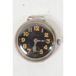 A WWI Swiss made silver cased trench watch with black face marked 'Black Watch' (presumed