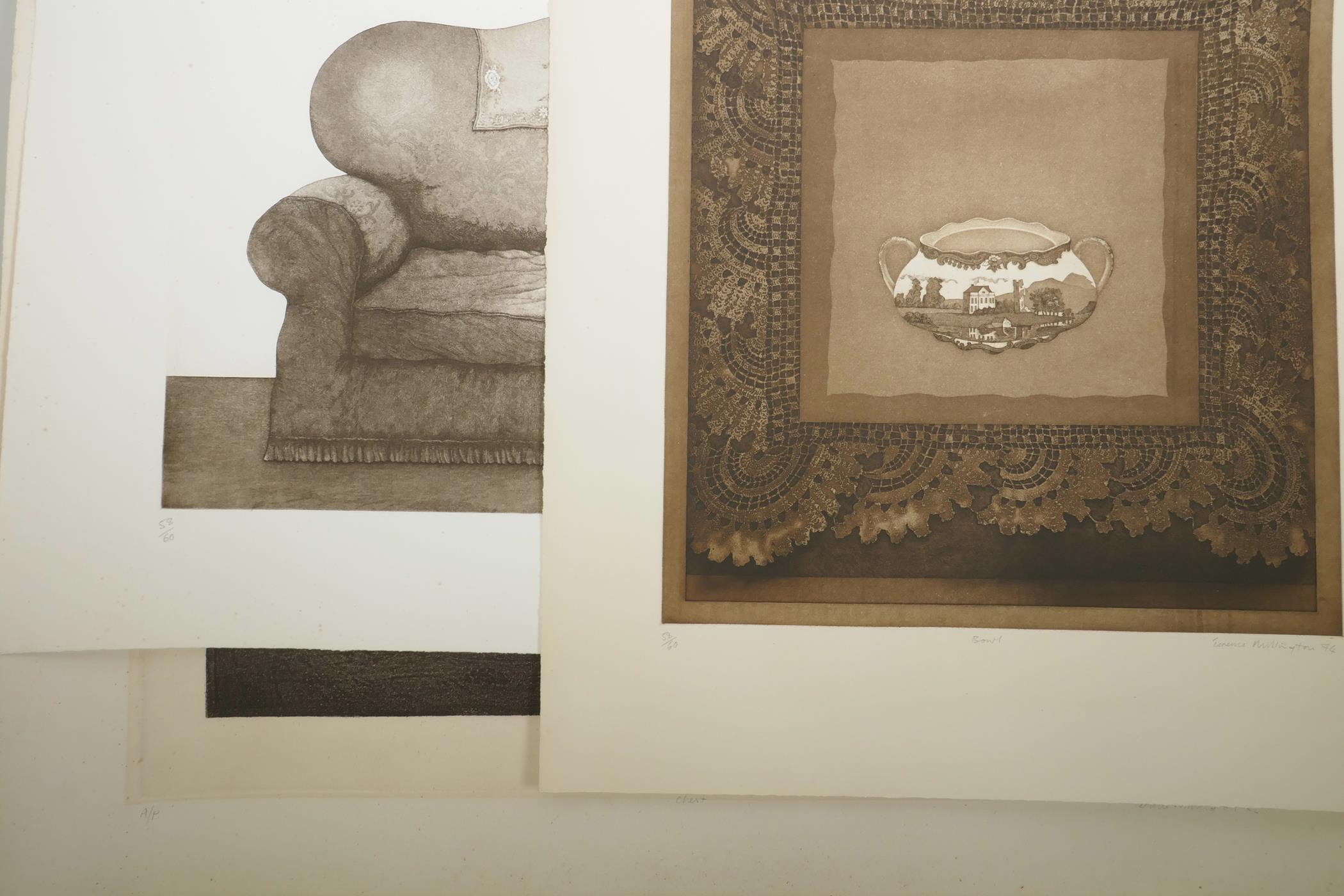 Terence Millington (British, b.1942), 'Sofa', 'Bowl' and 'Chest', three aquatint and etchings, - Image 10 of 10