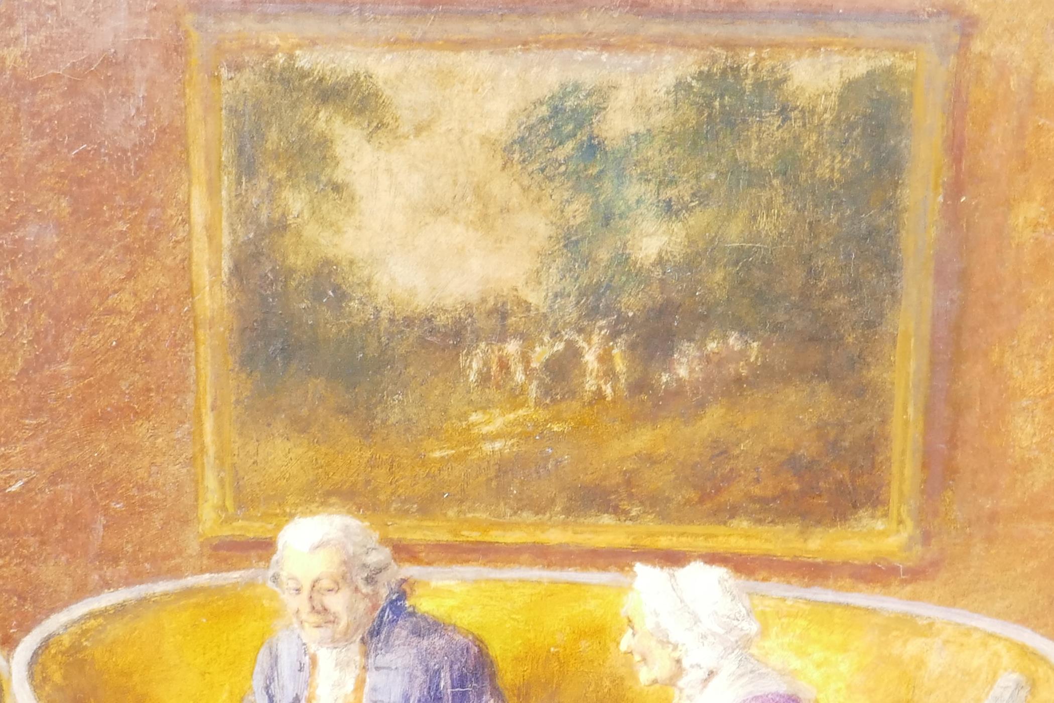 Interior scene with couple seated at a table beneath a landscape painting with cattle, the gentleman - Image 4 of 4